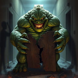 A large, imposing monster with a rotund figure, muscular arms, and a sinister, toothy grin on his face