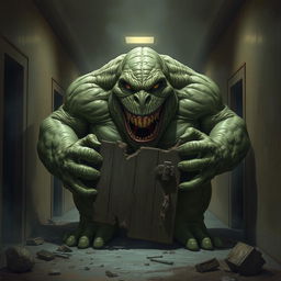 A large, imposing monster with a rotund figure, muscular arms, and a sinister, toothy grin on his face