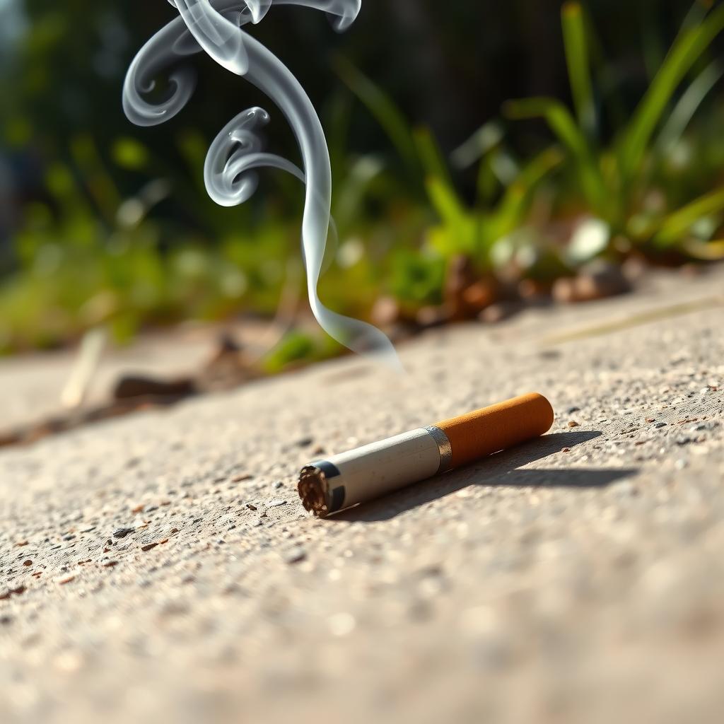 A detailed close-up of a finished cigarette lying on a sidewalk, with a subtle plume of smoke curling upwards, creating an artistic rapport with the surrounding environment