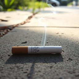 A detailed close-up of a finished cigarette lying on a sidewalk, with a subtle plume of smoke curling upwards, creating an artistic rapport with the surrounding environment
