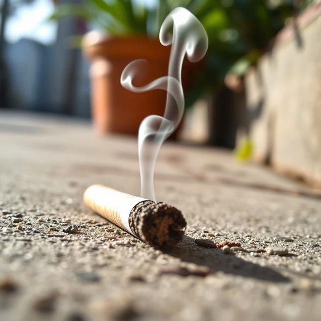 A detailed close-up of a finished cigarette lying on a sidewalk, with a subtle plume of smoke curling upwards, creating an artistic rapport with the surrounding environment