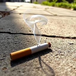 A detailed close-up of a finished cigarette lying on a sidewalk, with a subtle plume of smoke curling upwards, creating an artistic rapport with the surrounding environment