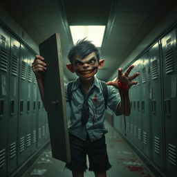 A school boy monster standing in a dimly lit school hallway, showcasing a sinister smile