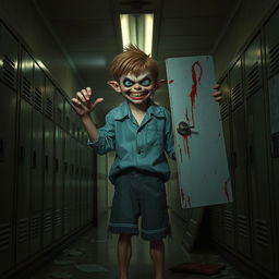 A school boy monster standing in a dimly lit school hallway, showcasing a sinister smile