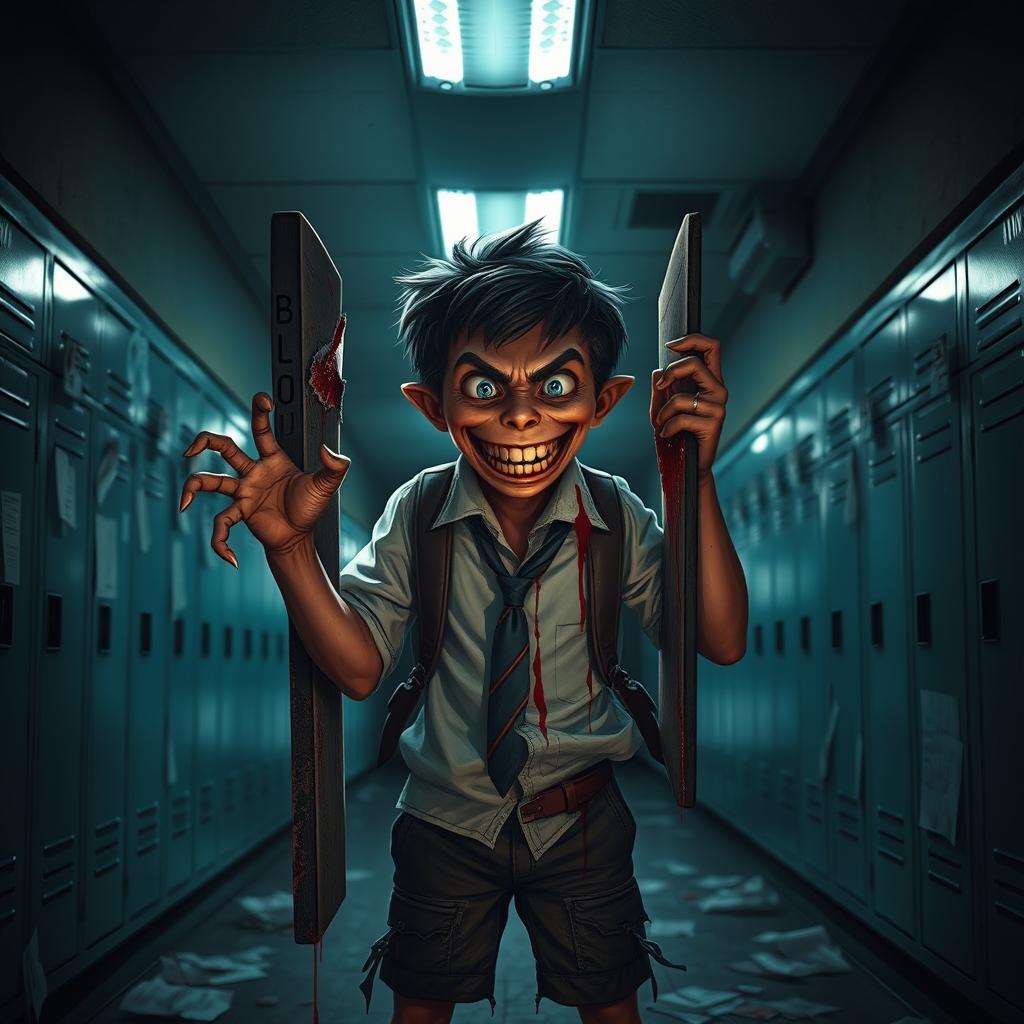 A school boy monster standing in a dimly lit school hallway, showcasing a sinister smile