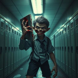 A school boy monster standing in a dimly lit school hallway, showcasing a sinister smile