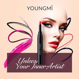A vibrant and eye-catching poster for Youngmi eyeliner, featuring a stylish, modern design