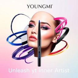 A vibrant and eye-catching poster for Youngmi eyeliner, featuring a stylish, modern design