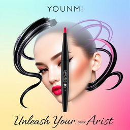 A vibrant and eye-catching poster for Youngmi eyeliner, featuring a stylish, modern design