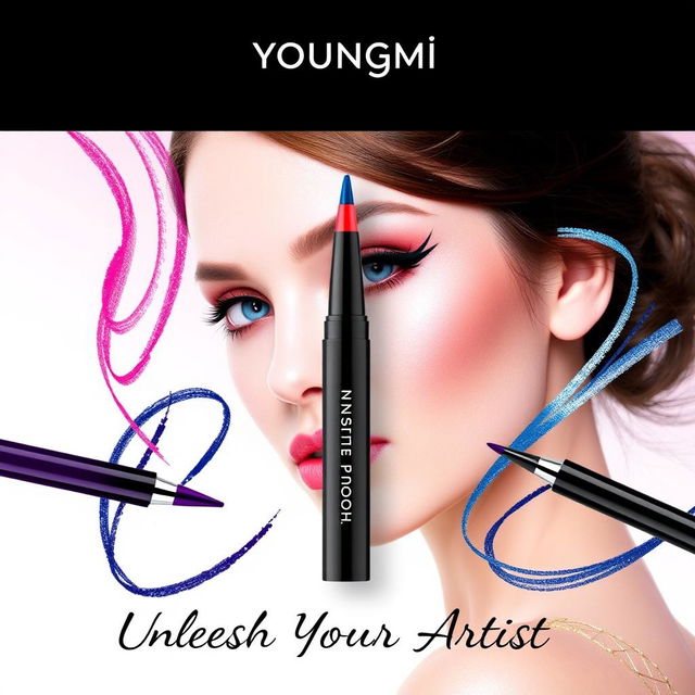 A vibrant and eye-catching poster for Youngmi eyeliner, featuring a stylish, modern design