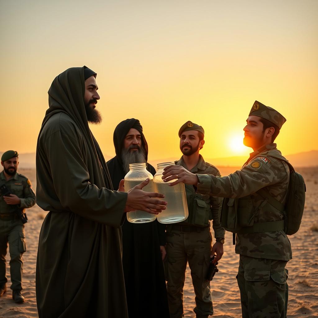 A poignant scene depicting martyrs graciously offering water jars to several Basij volunteers in a desert landscape