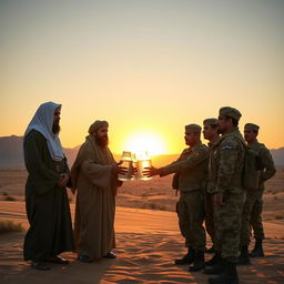 A poignant scene depicting martyrs graciously offering water jars to several Basij volunteers in a desert landscape