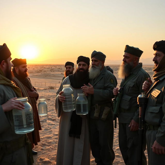 A poignant scene depicting martyrs graciously offering water jars to several Basij volunteers in a desert landscape