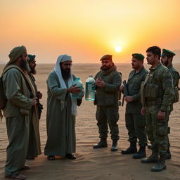 A poignant scene depicting martyrs graciously offering water jars to several Basij volunteers in a desert landscape
