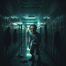 An eerie, atmospheric horror scene set in a dimly lit school hallway, featuring a boy with monster-like features