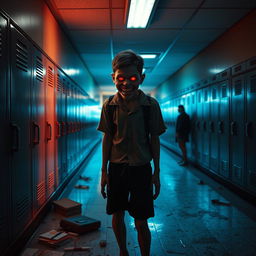 An eerie, atmospheric horror scene set in a dimly lit school hallway, featuring a boy with monster-like features
