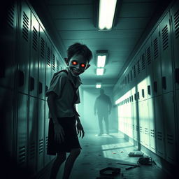 An eerie, atmospheric horror scene set in a dimly lit school hallway, featuring a boy with monster-like features