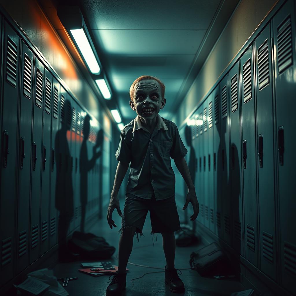 An eerie, atmospheric horror scene set in a dimly lit school hallway, featuring a boy with monster-like features
