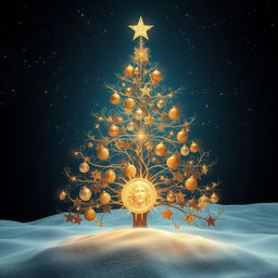 A surreal and abstract artistic interpretation of a Christmas tree made of intricate and delicate elements symbolizing hope and rebirth