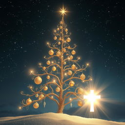 A surreal and abstract artistic interpretation of a Christmas tree made of intricate and delicate elements symbolizing hope and rebirth