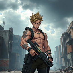 A badass character standing confidently in a post-apocalyptic urban landscape