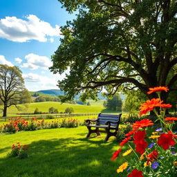 A vibrant outdoor scene depicting a lush green park with vibrant flowers blooming in various colors such as red, yellow, and blue