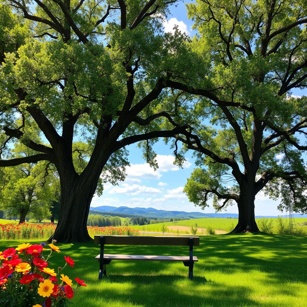 A vibrant outdoor scene depicting a lush green park with vibrant flowers blooming in various colors such as red, yellow, and blue