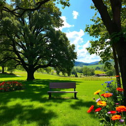 A vibrant outdoor scene depicting a lush green park with vibrant flowers blooming in various colors such as red, yellow, and blue