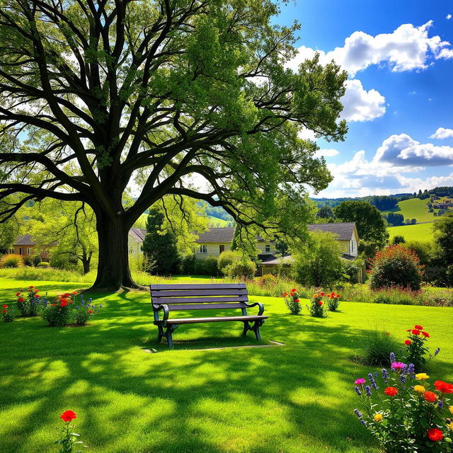 A vibrant outdoor scene depicting a lush green park with vibrant flowers blooming in various colors such as red, yellow, and blue