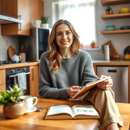 A beautiful Russian woman aged 35 to 45 years, sitting comfortably at a kitchen table in her home