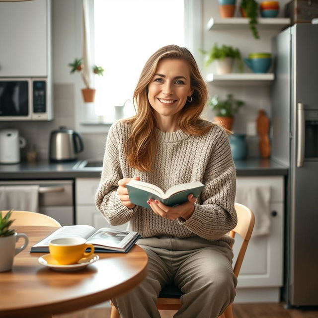 A beautiful Russian woman aged 35 to 45 years, sitting comfortably at a kitchen table in her home