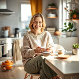 A beautiful Russian woman aged 35 to 45 years, sitting comfortably at a kitchen table in her home