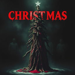 A horror movie poster featuring an ominous Christmas tree at the center, crafted from thick, coagulated blood