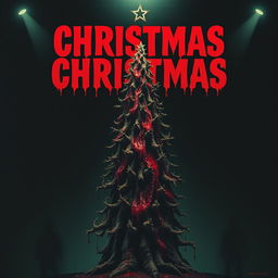A horror movie poster featuring an ominous Christmas tree at the center, crafted from thick, coagulated blood