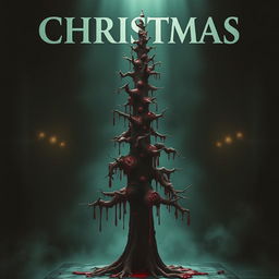 A horror movie poster featuring an ominous Christmas tree at the center, crafted from thick, coagulated blood