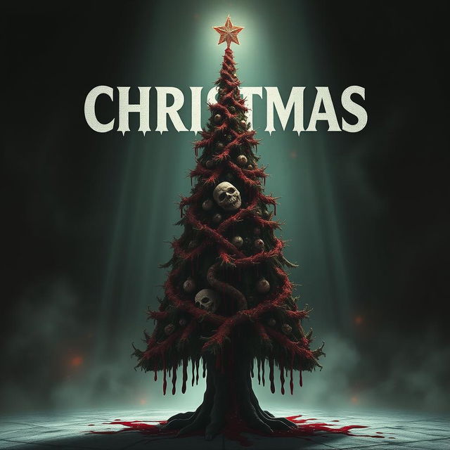 A horror movie poster featuring an ominous Christmas tree at the center, crafted from thick, coagulated blood