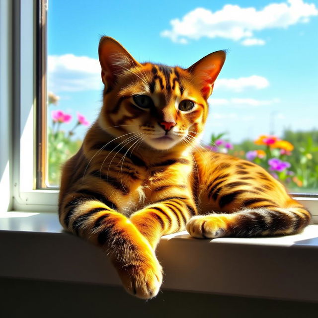 A peaceful and serene background featuring a fluffy Bengal cat lounging on a sunlit windowsill