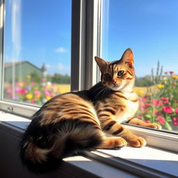 A peaceful and serene background featuring a fluffy Bengal cat lounging on a sunlit windowsill