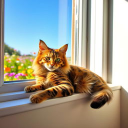 A peaceful and serene background featuring a fluffy Bengal cat lounging on a sunlit windowsill