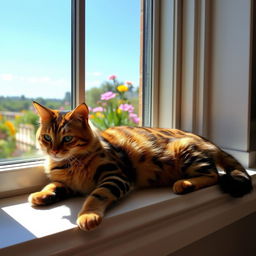 A peaceful and serene background featuring a fluffy Bengal cat lounging on a sunlit windowsill