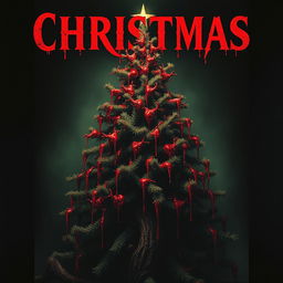 A horror movie poster featuring a central, ominous Christmas tree that is gruesomely adorned with thick, coagulated blood