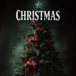 A horror movie poster featuring a central, ominous Christmas tree that is gruesomely adorned with thick, coagulated blood