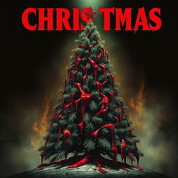 A horror movie poster featuring a central, ominous Christmas tree that is gruesomely adorned with thick, coagulated blood