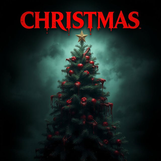 A horror movie poster featuring a central, ominous Christmas tree that is gruesomely adorned with thick, coagulated blood