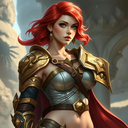 A striking woman named Ruby clad in light armor, featuring one arm adorned with intricate golden plates and a gauntlet that showcases her warrior spirit