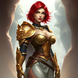 A striking woman named Ruby clad in light armor, featuring one arm adorned with intricate golden plates and a gauntlet that showcases her warrior spirit