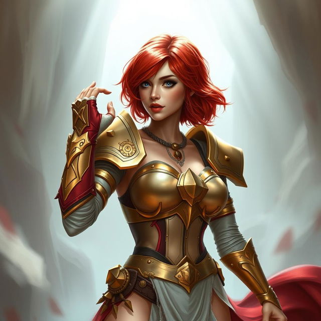 A striking woman named Ruby clad in light armor, featuring one arm adorned with intricate golden plates and a gauntlet that showcases her warrior spirit