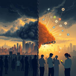A thought-provoking illustration depicting the modern dangers of relationships and society, capturing the complexities and challenges faced in contemporary interactions