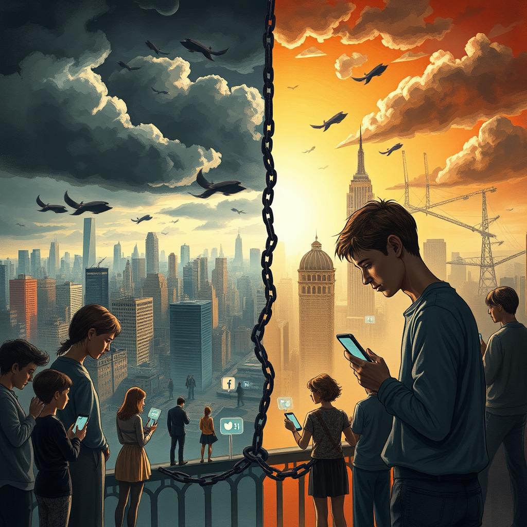 A thought-provoking illustration depicting the modern dangers of relationships and society, capturing the complexities and challenges faced in contemporary interactions