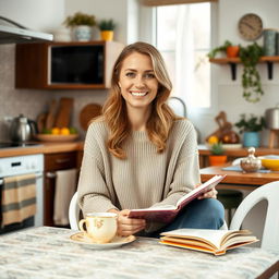 A beautiful Russian woman aged 35 to 45 years, sitting at a kitchen table in her cozy home